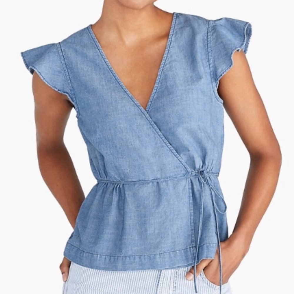 NWT J.Crew Chambray Flutter Sleeve Faux Wrap Top 6
